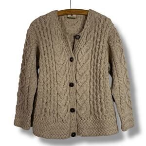 Aran Cable Knit Irish Cardigan Sweater Merino Wool Large Carraig Donn Ireland
